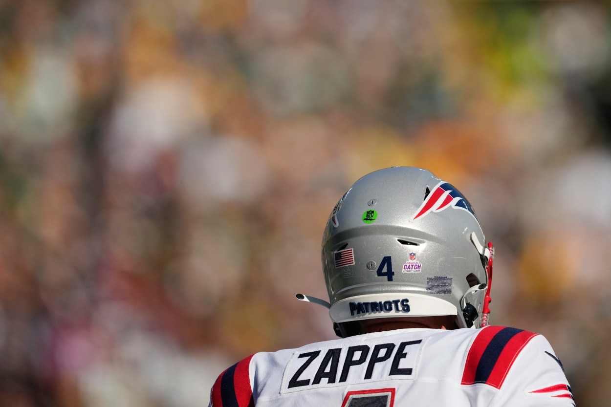 Bailey Zappe of the New England Patriots reacts after a play in the first quarter against the Green Bay Packers.