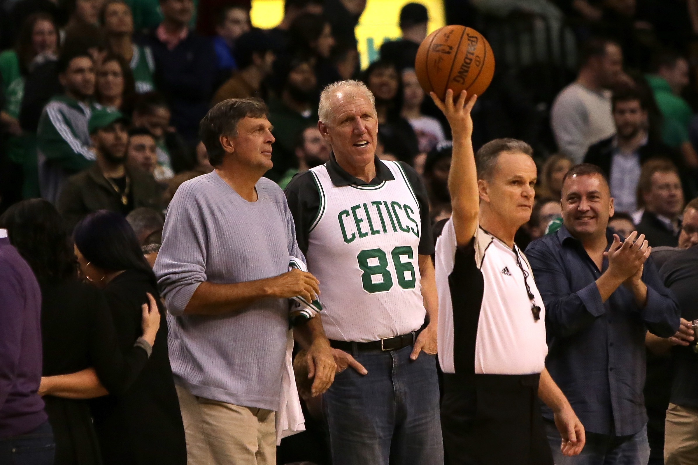 Members of the Boston Celtics 1986 championship team Kevin McHale and Bill Walton look on in the game against the Miami Heat at TD Garden on April 13, 2016, in Boston, Massachusetts.
