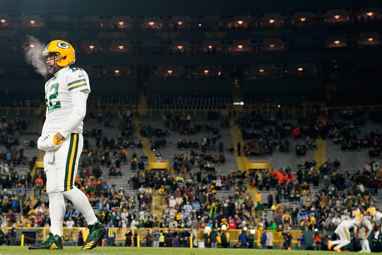 Aaron Rodgers of the Green Bay Packers warms up prior to the game against the Tennessee Titans.