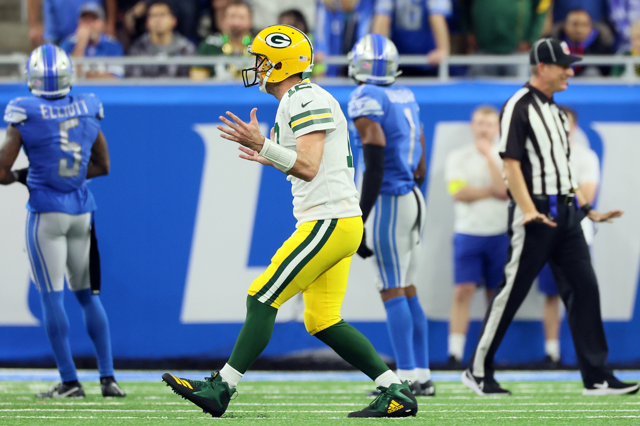 Green Bay Packers quarterback Aaron Rodgers reacts to a call.