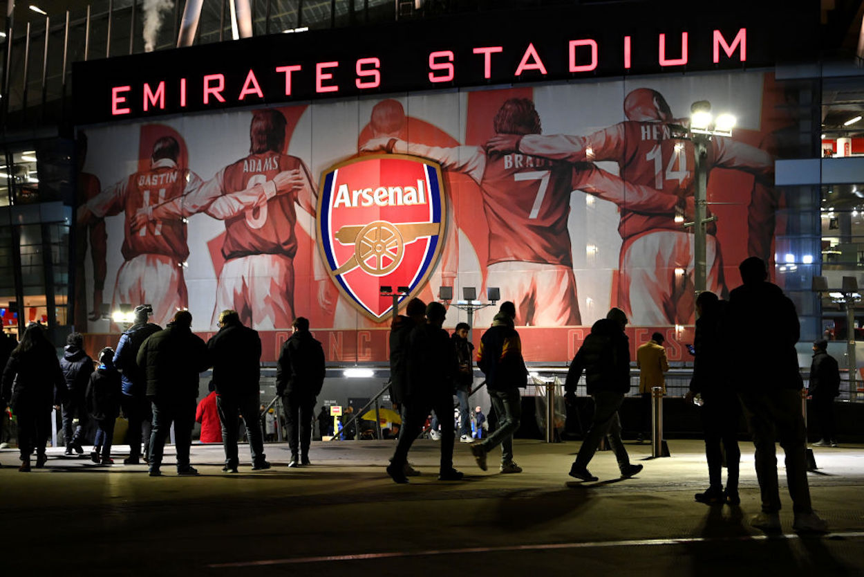 Supporters outside of Emirates Stadium ahead of an Arsenal-Liverpool Carabao Cup match.