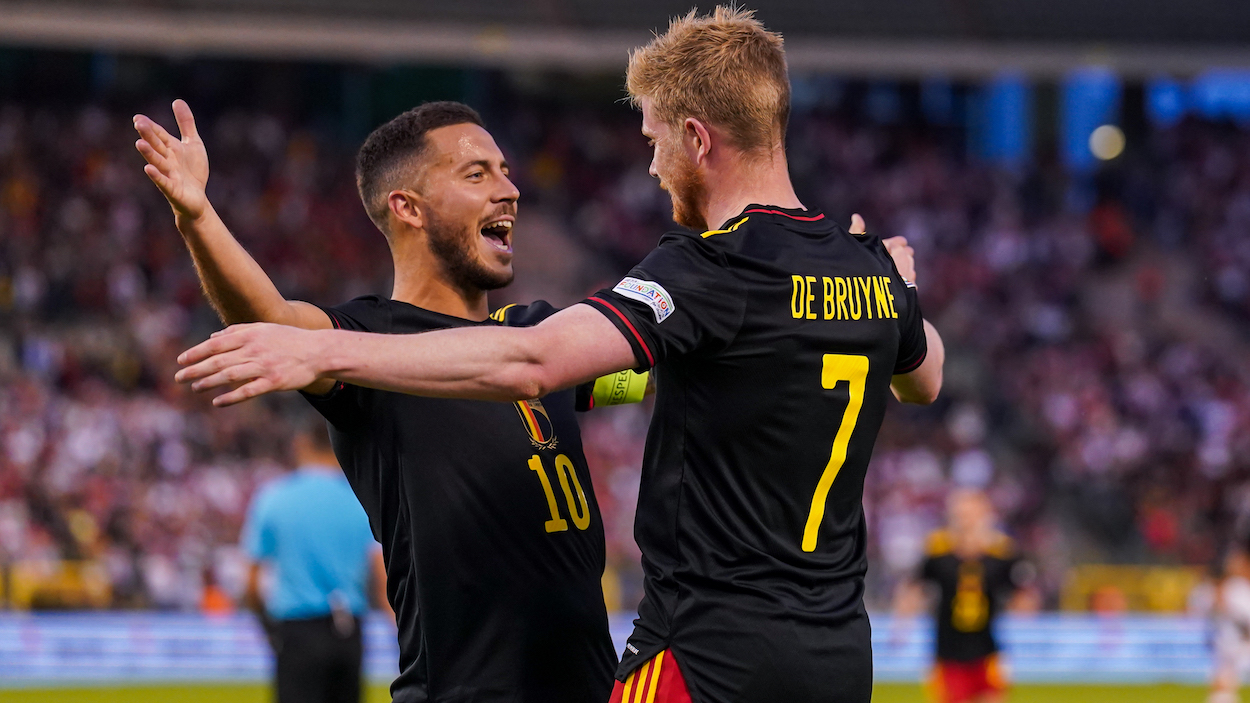 Kevin De Bruyne of Belgium is celebrating his goal with Eden Hazard (c) of Belgium ahead of World Cup 2022