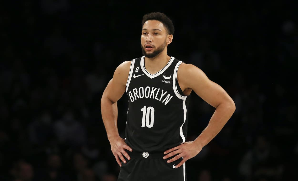 Ben Simmons looks on against the Mavericks.