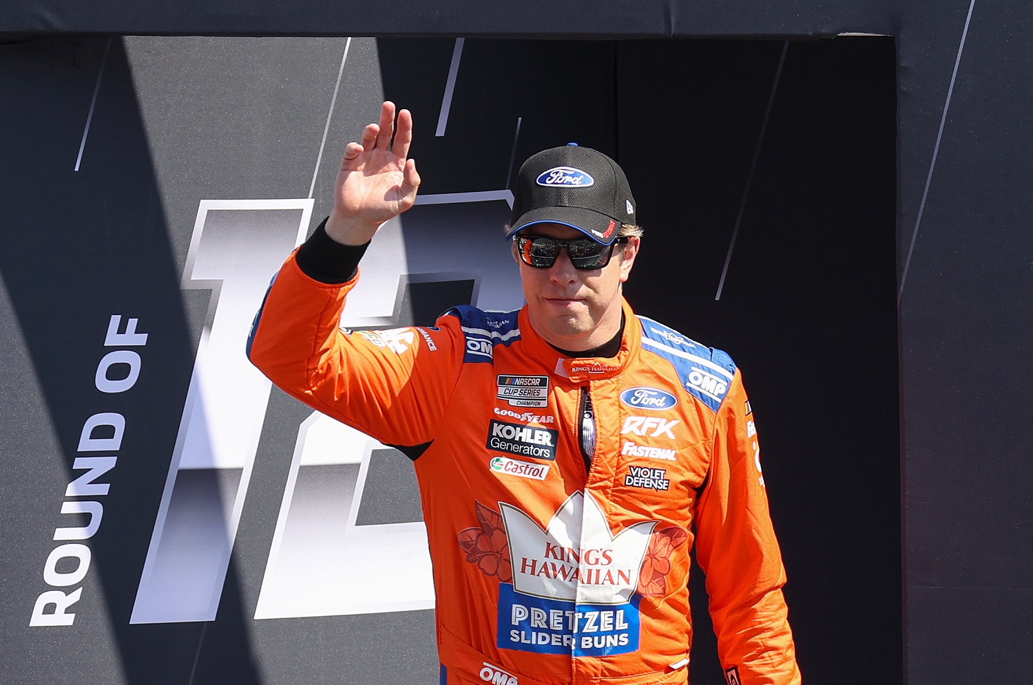 Brad Keselowski waves to fans during driver intros at the NASCAR Cup Series Auto Trader EchoPark Automotive 500 at Texas Motor Speedway on Sept. 25, 2022.