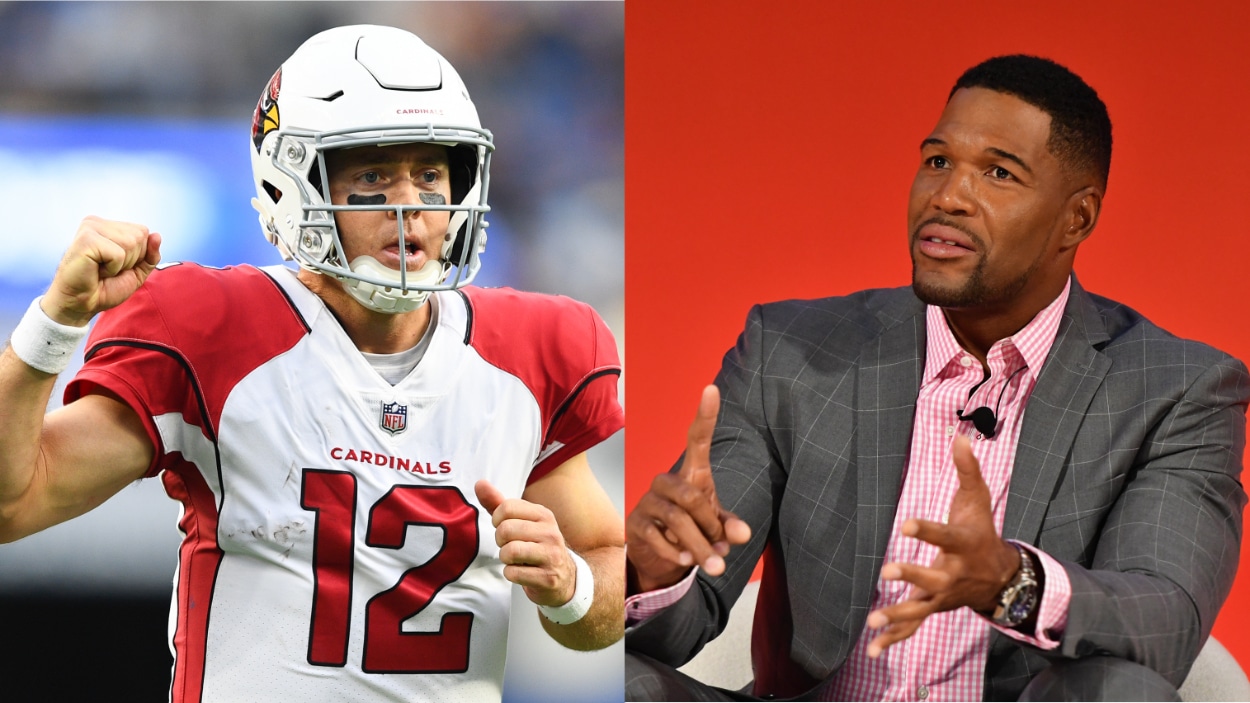 (L-R) Arizona Cardinals QB Colt McCoy who beat the LA Rams in Week 10; Fox's Michael Strahan.