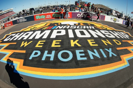 The NASCAR Championship weekend logo on the track before the NASCAR Cup Series Championship Race on Nov. 6, 2022, at Phoenix Raceway in Avondale, Arizona.