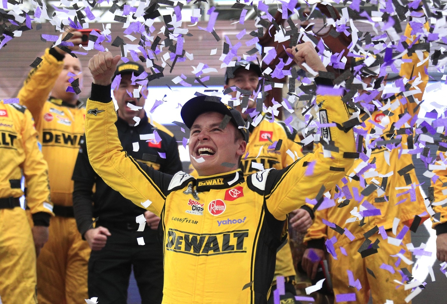 Christopher Bell celebrates after winning the NASCAR Cup Series Xfinity 500 on Oct. 30, 2022, at Martinsville Speedway.