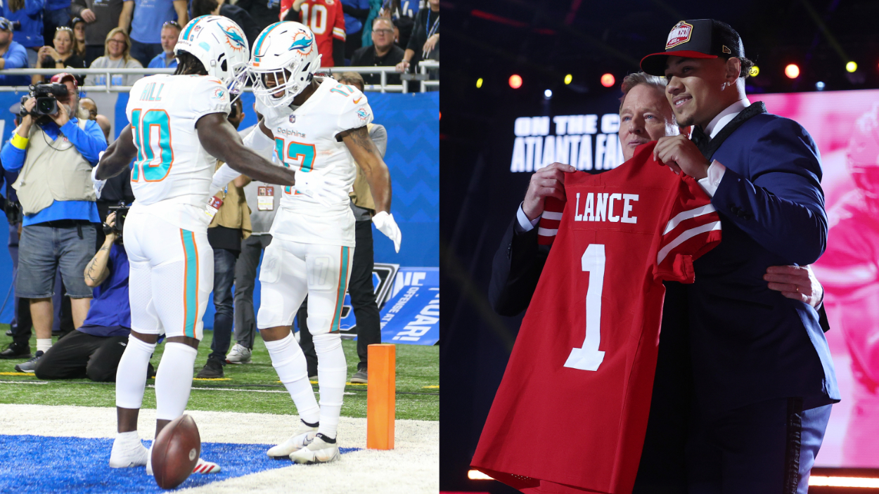 Miami Dolphins WRs Tyreek Hill and Jaylen Waddle; San Francisco 49ers QB Trey Lance at the 2021 NFL Draft with Commissioner Rodger Goodell.