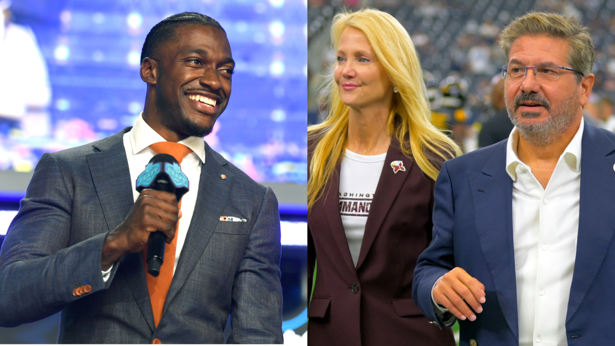 (L-R) Former NFL QB and ESPN analyst Robert Griffin III (RGIII); Washington Commanders owners Tanya and Daniel Snyder