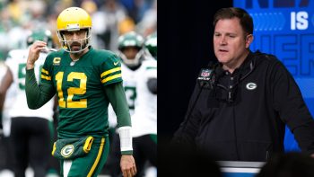 (L-R) Packers QB Aaron Rodgers, GM Brian Gutekunst.