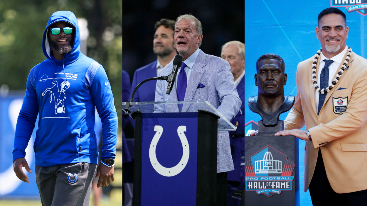 Colts owner Jim Irsay (c) and Colts coaches Reggie Wayne (L) and Kevin Mawae (R).