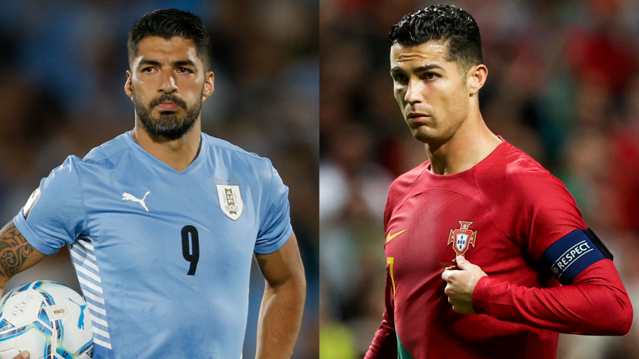 (L-R) 2022 World Cup stars Uruguay's Luis Suarez; Portugal's Cristiano Ronaldo.