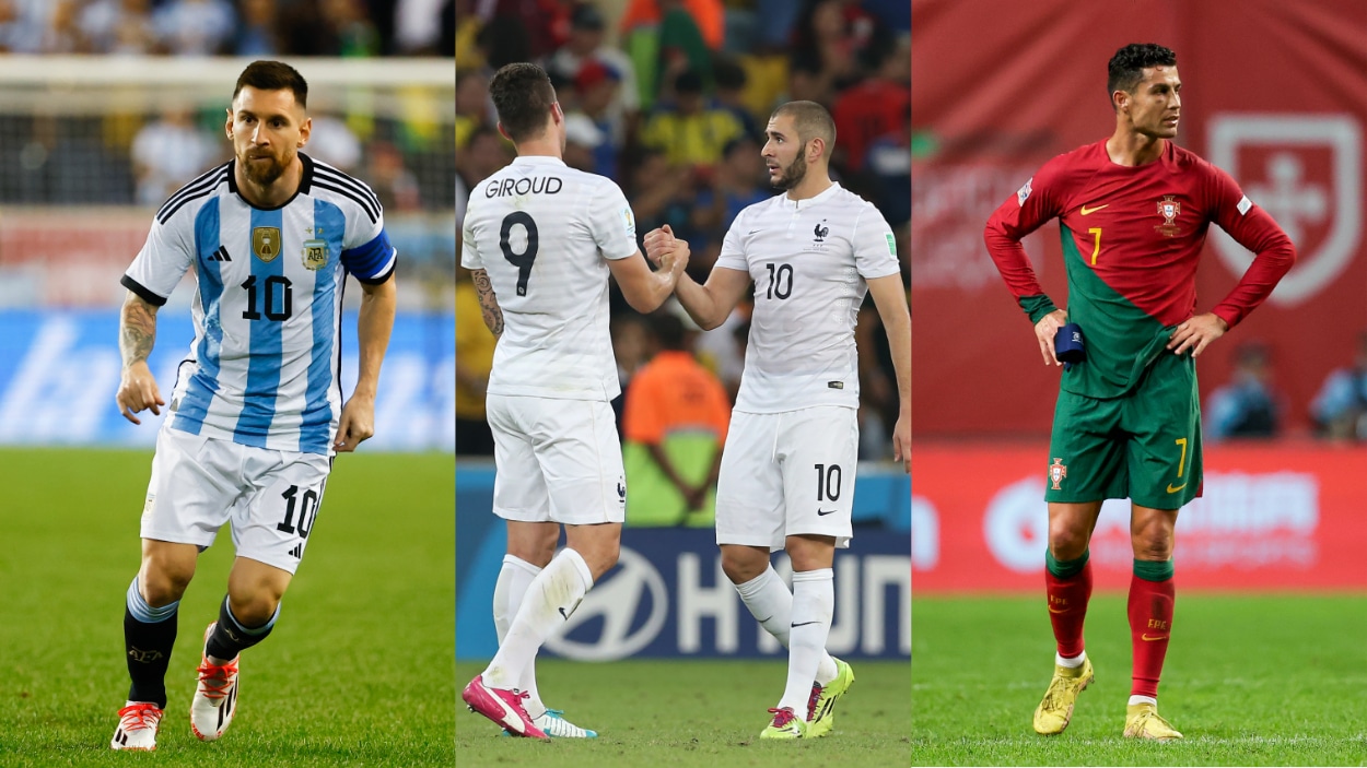 Players playing in their final World Cup in 2022 include (L-R) Lionel Messi, Olivier Giroud, Karim Benzema, and Cristiano Ronaldo