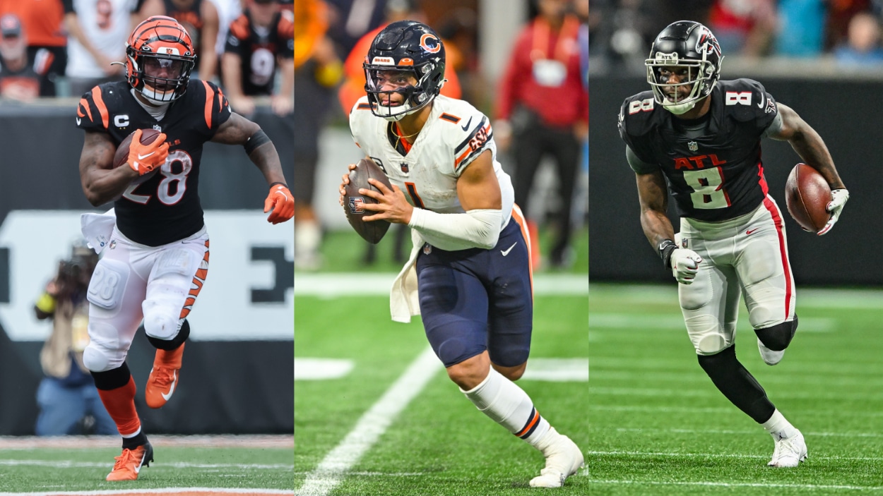 NFL injuries in Week 11 included (L-R) Joe Mixon, Justin Fields, Kyle Pitts