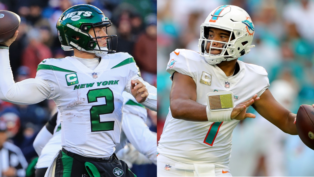 (L-R) New York Jets QB Zach Wilson, Miami Dolphins QB Tua Tagovailoa