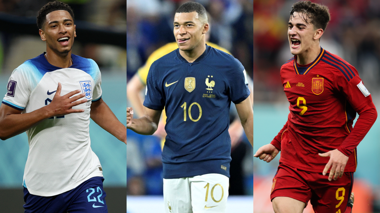 (L-R) World Cup 2022 stars: England's Jude Bellingham, France's Kylian Mbappe, Spain's Gavi