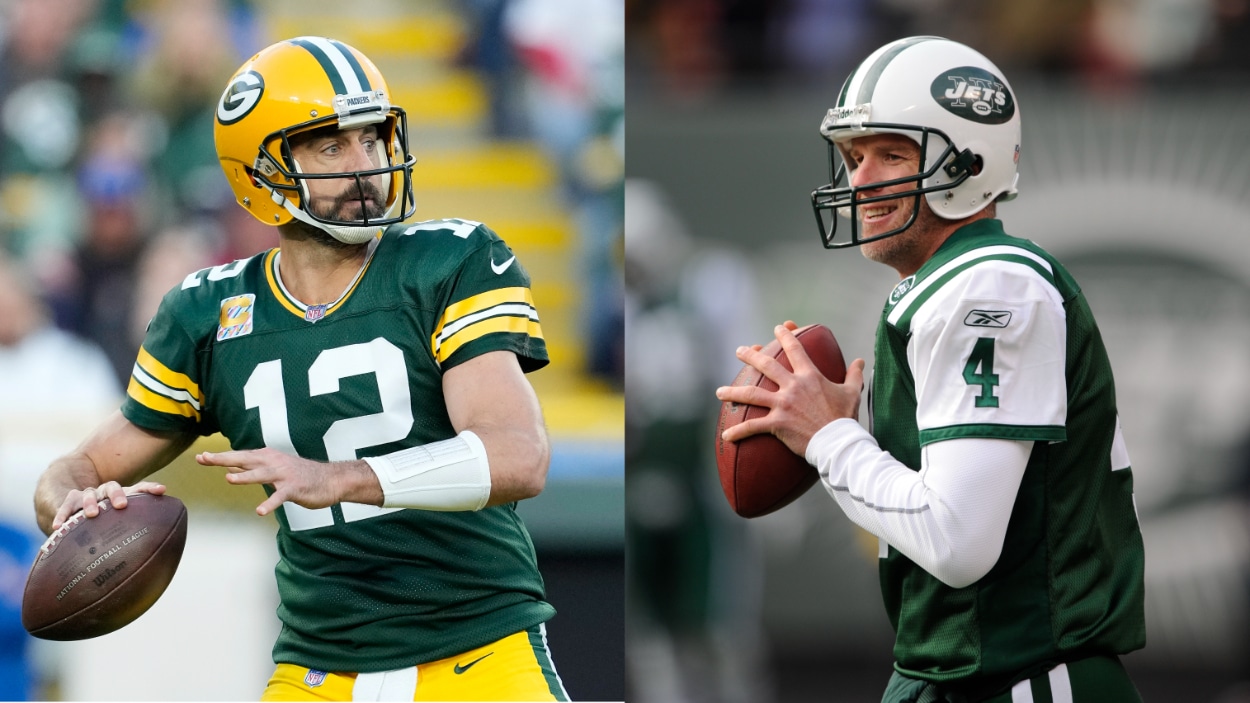 (L-R) Green Bay Packers QB Aaron Rodgers, Former New York Jets QB Brett Favre.