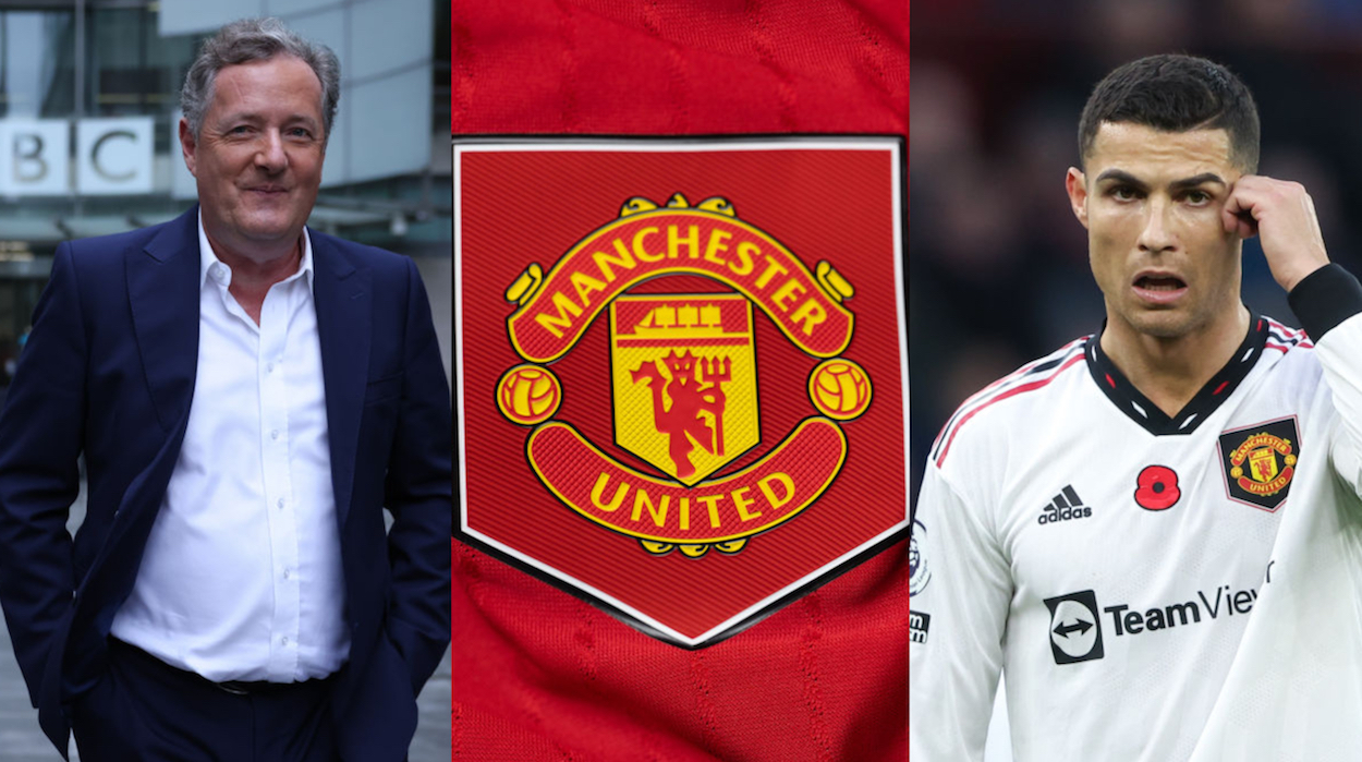 A split image of Piers Morgan, the Manchester United badge, and Cristiano Ronaldo (L-R)