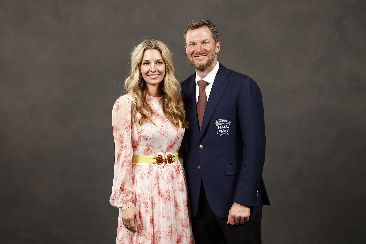 NASCAR Hall of Fame inductee Dale Earnhardt Jr. and wife Amy Earnhardt at the 2021 NASCAR Hall of Fame Induction Ceremony at NASCAR Hall of Fame on Jan. 21, 2022, in Charlotte, North Carolina.