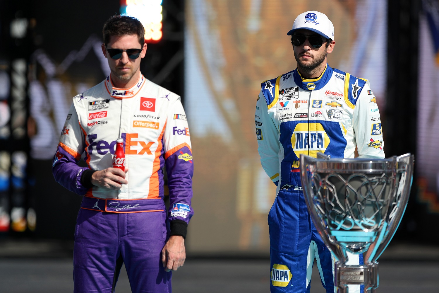 NASCAR Cup Series Championship 4 drivers Denny Hamlin and Chase Elliott during pre-race ceremonies at the NASCAR Cup Series Championship at Phoenix Raceway on Nov. 7, 2021.