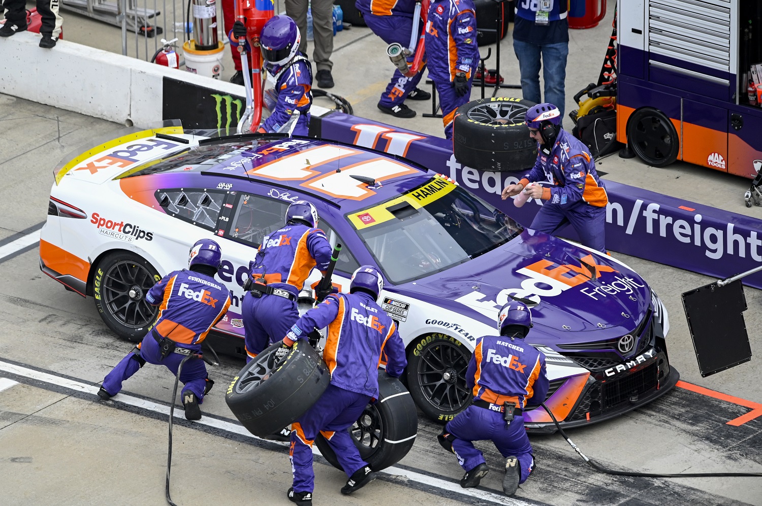 Denny Hamlin pits during the NASCAR Cup Series Xfinity 500 at Martinsville Speedway on Oct. 30, 2022 in Martinsville.