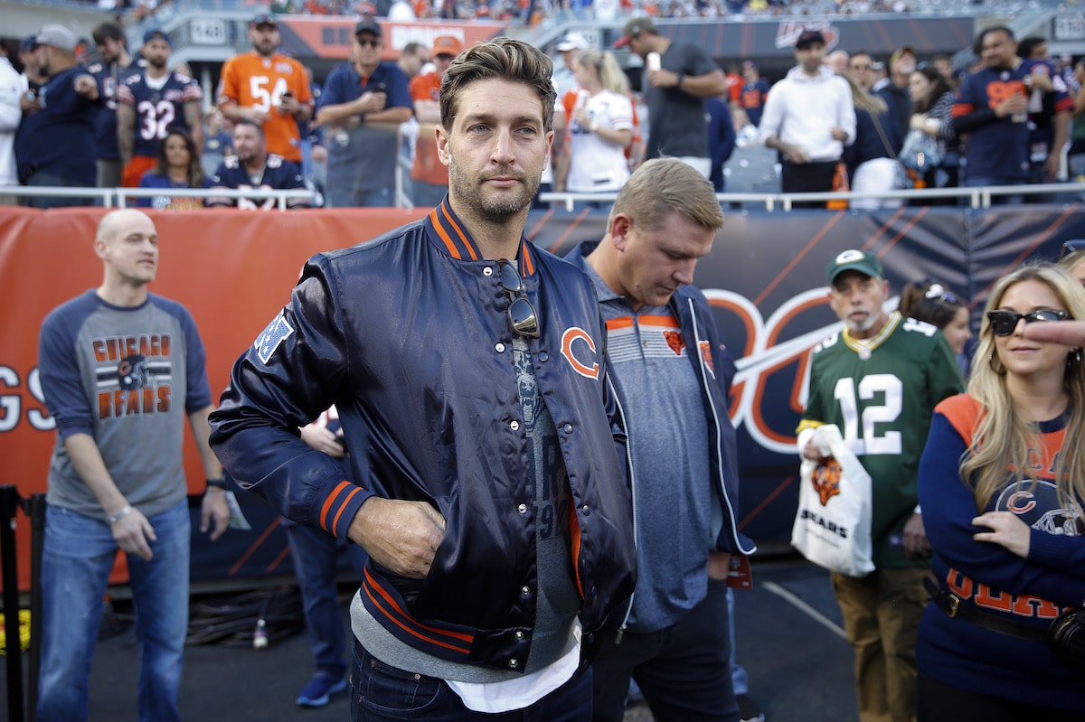 Prior Chicago Bears quarterback Jay Cutler stands on the field prior to a game