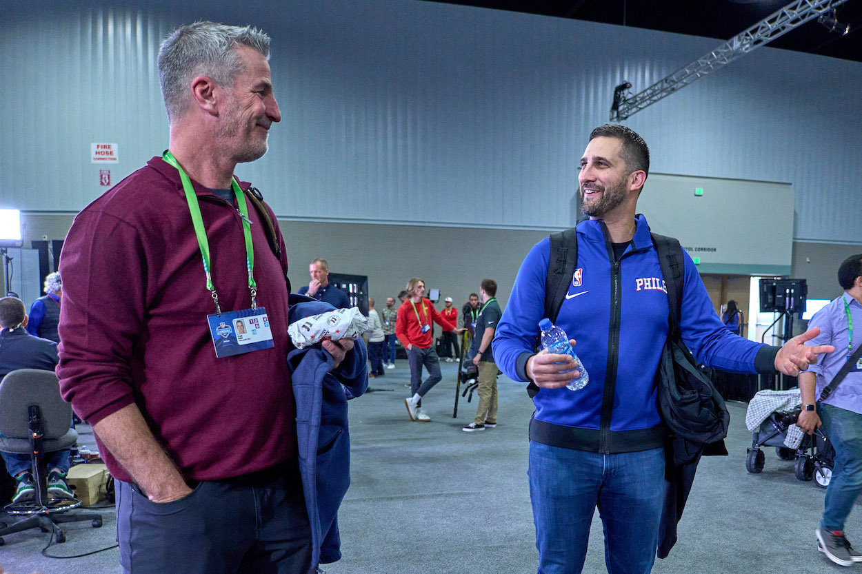 Frank Reich and Nick Sirianni talk during the NFL Scouting Combine.