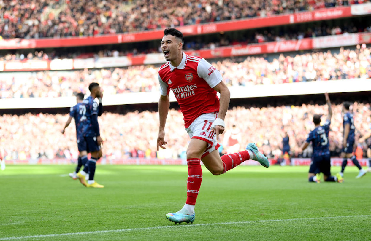 Arsenal's Gabriel Martinelli celebrates scoring a goal.