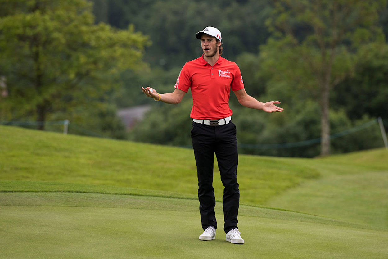 Gareth Bale gestures on the golf course during a 2015 Celebrity Tournament.