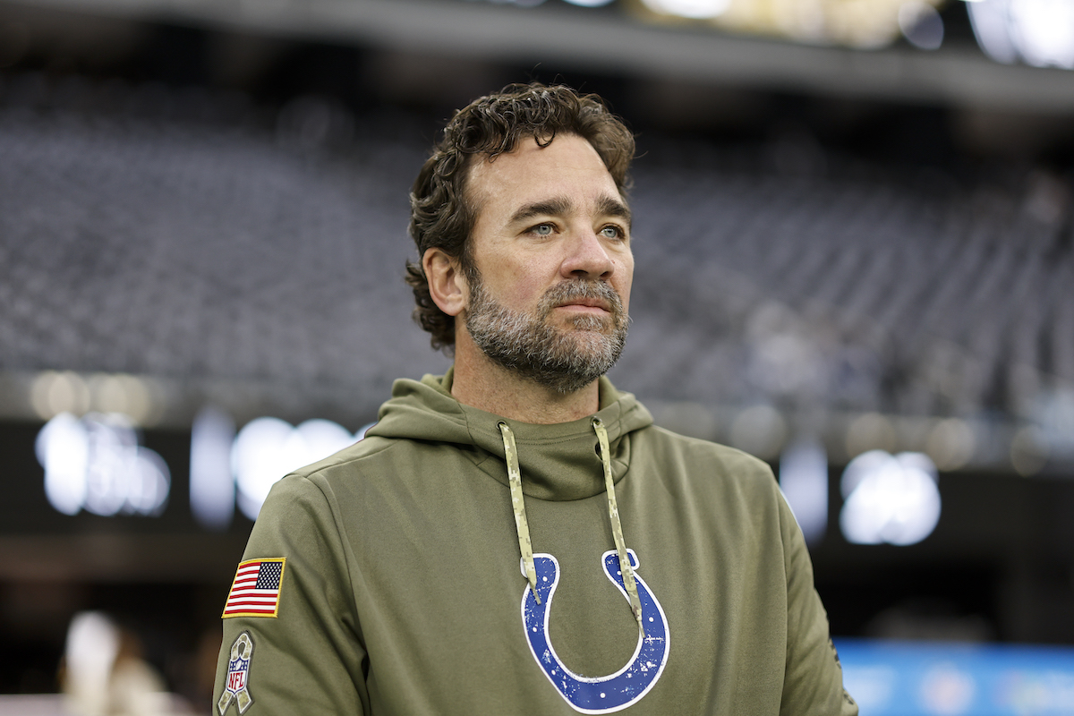 Interim head coach Jeff Saturday of the Indianapolis Colts looks on prior to a game against the Las Vegas Raiders