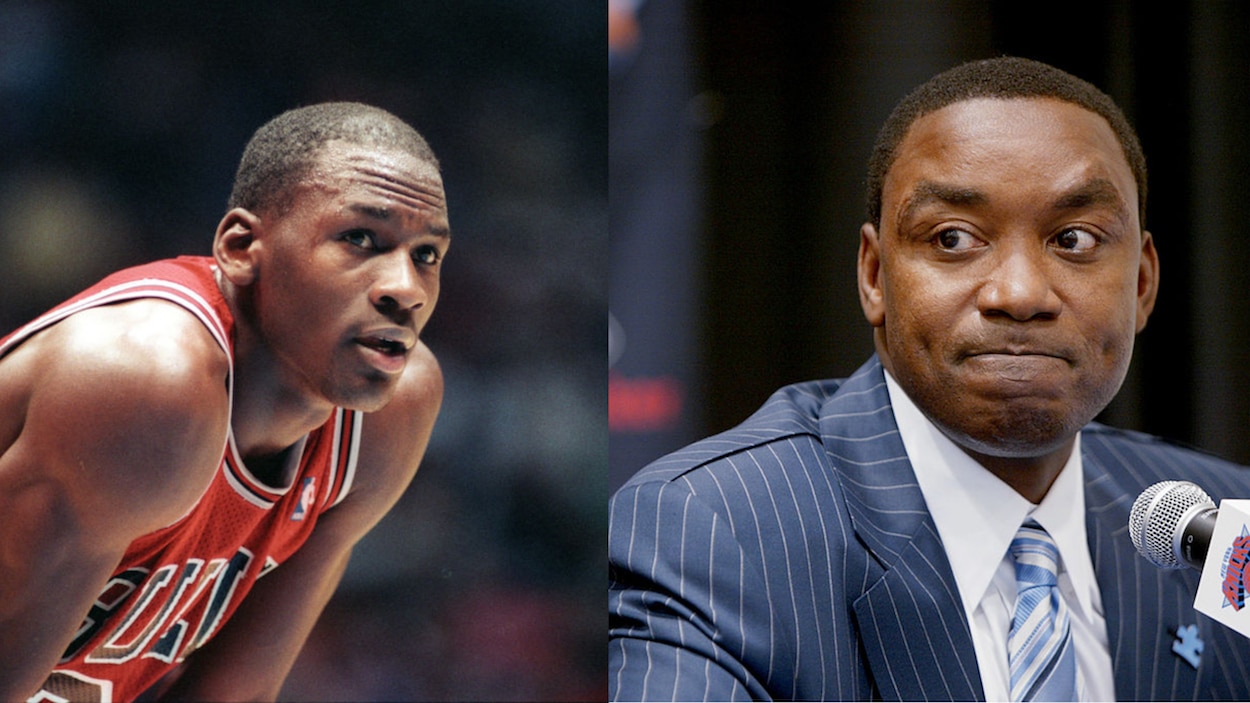 NBA legends Isiah Thomas (R) and Michael Jordan (L).