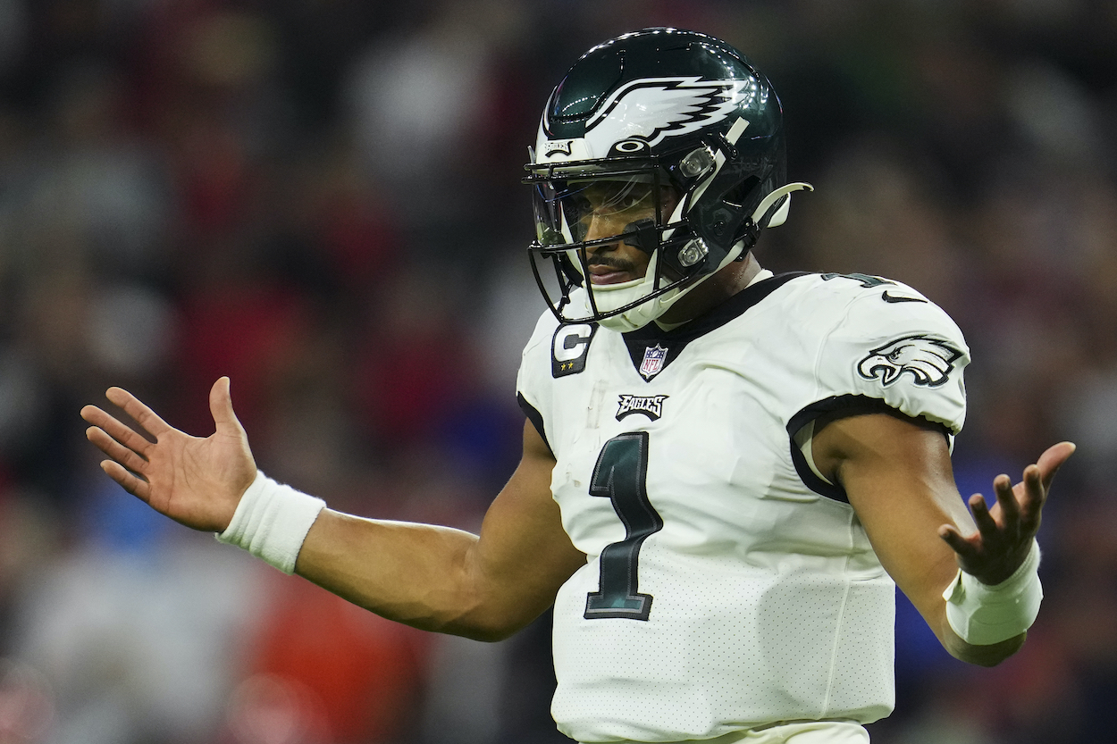 Jalen Hurts reacts against the Texans.