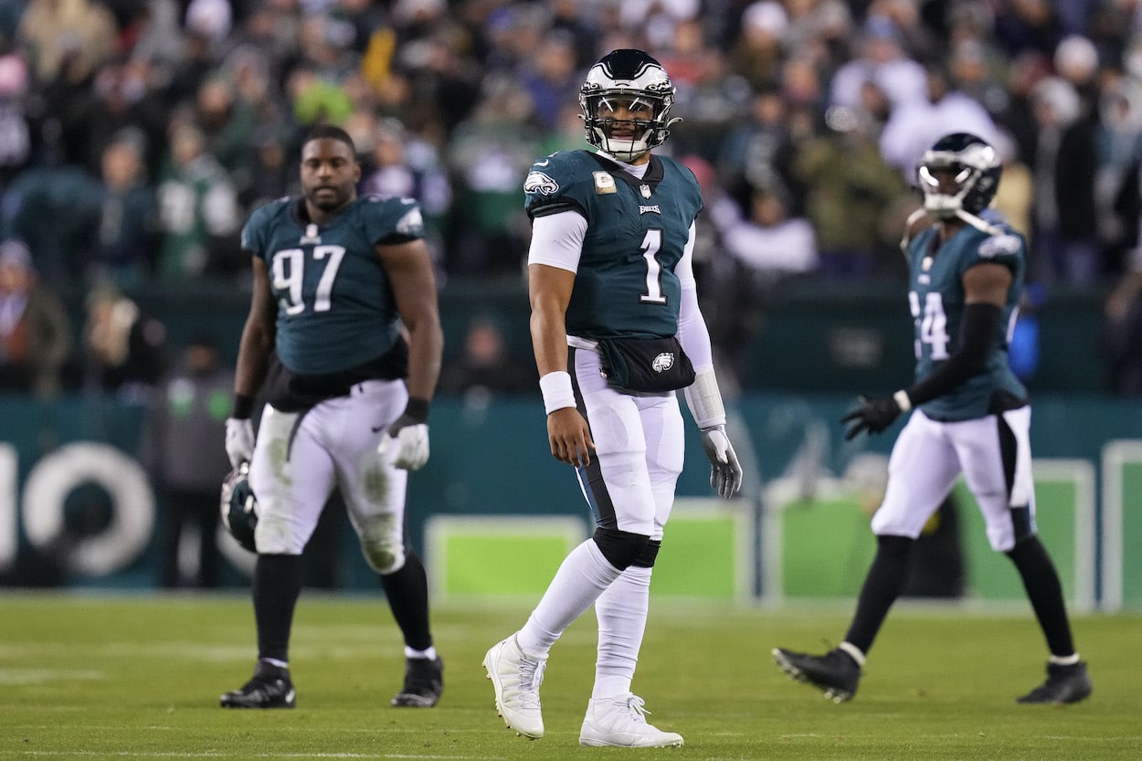 Jalen Hurts looks on against the Commanders.