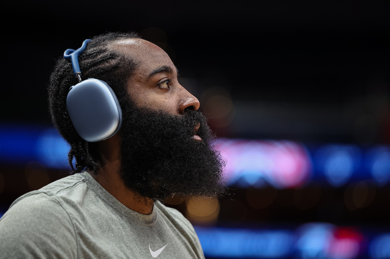 James Harden warms up before a game.
