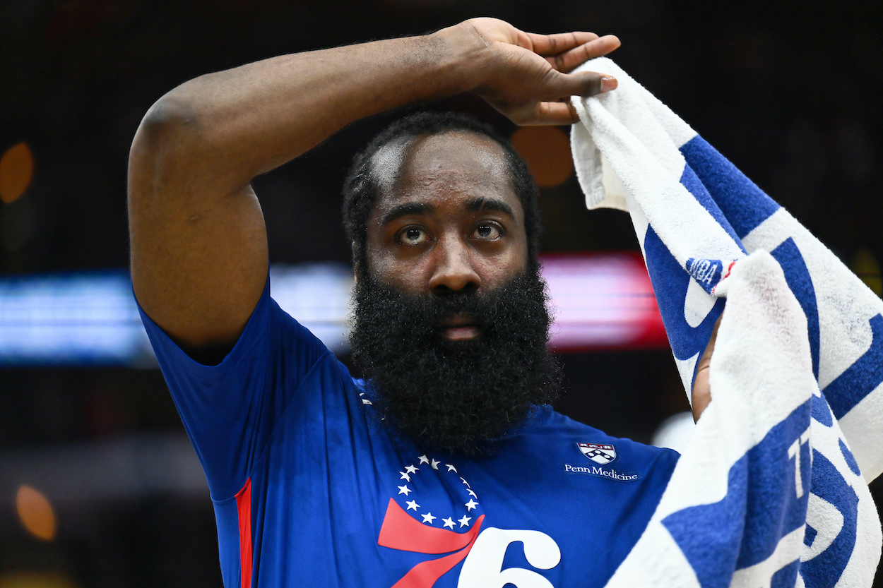 James Harden looks on during a game.