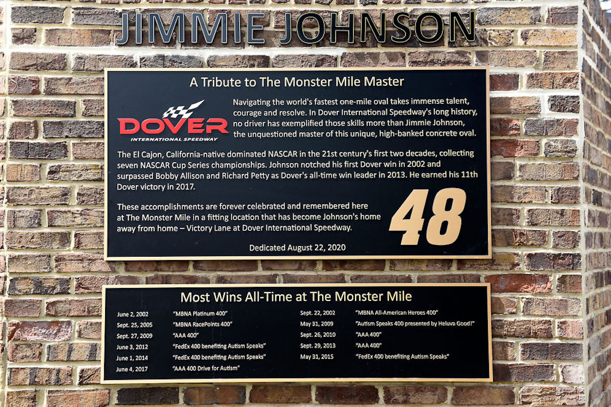 The "Most Wins All-Time at The Monster Mile" plaque honoring Jimmie Johnson at Dover International Speedway.