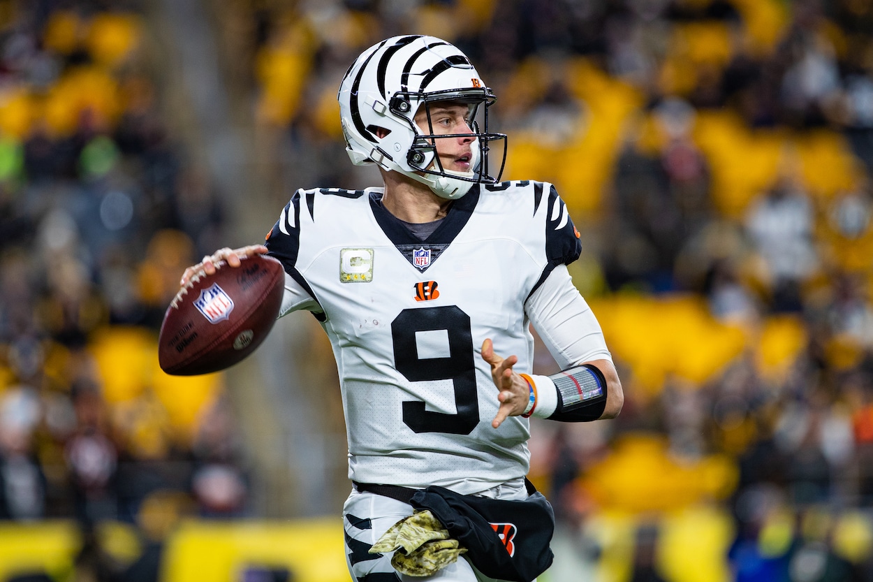 Joe Burrow looks to pass against the Steelers.