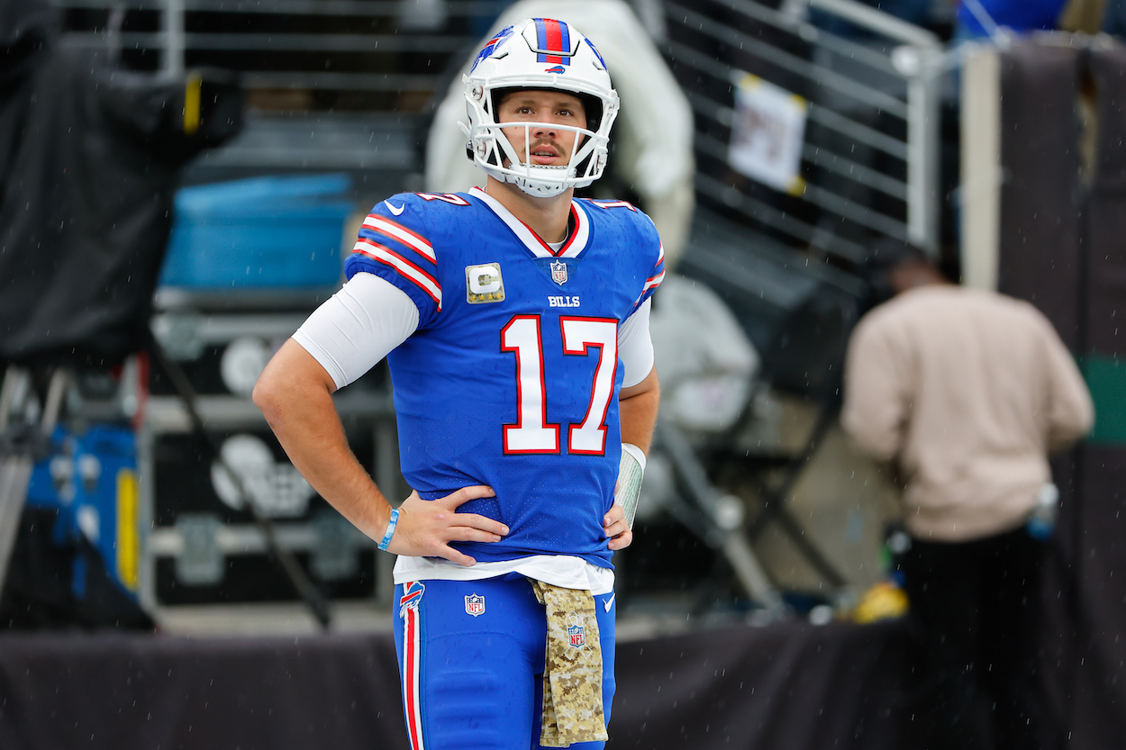 Josh Allen looks on before a game.