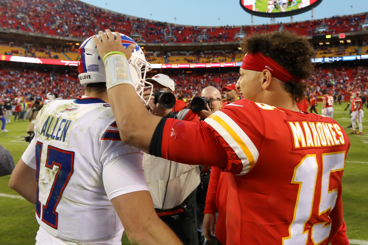 Josh Allen and Patrick Mahomes talk after a game.