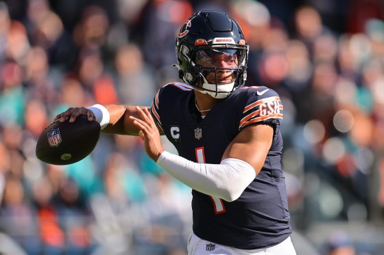 Justin Fields looks to pass against the Dolphins.