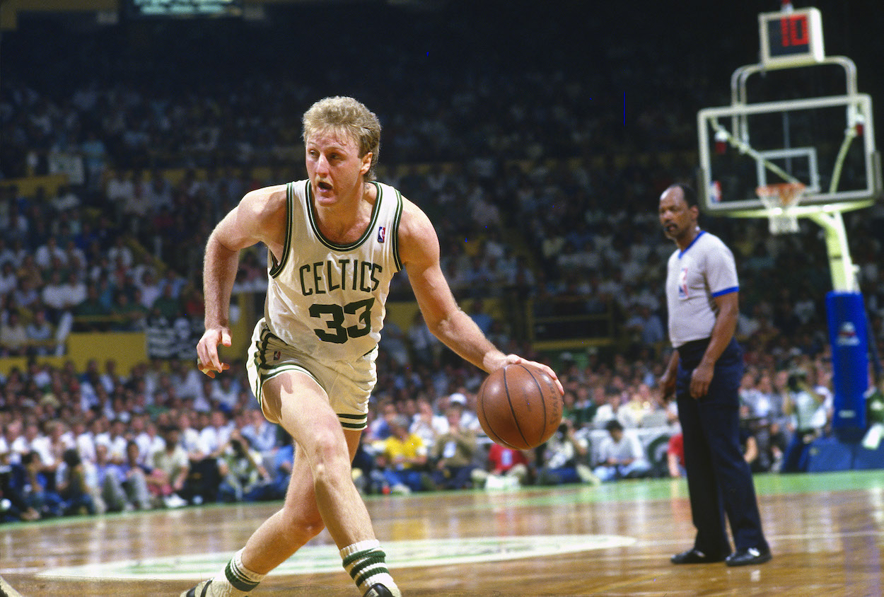 Larry Bird dribbles a basketball for the Boston Celtics during the 1987 NBA Finals.