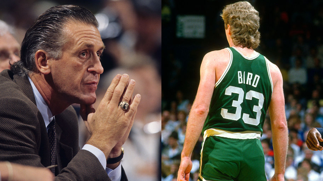 NBA legends Pat Riley (L) and Larry Bird (R)