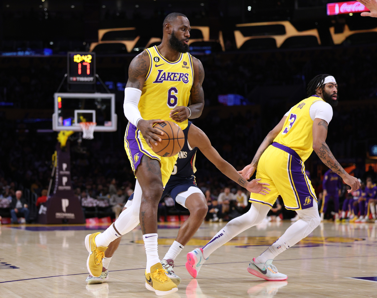 LeBron James of the Los Angeles Lakers runs a pick and roll with Anthony Davis.