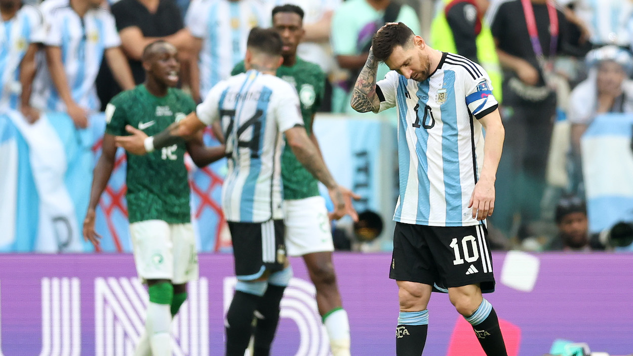 Lionel Messi of Argentina shows his dejection during the FIFA World Cup Qatar 2022 Group C match between Argentina and Saudi Arabia.