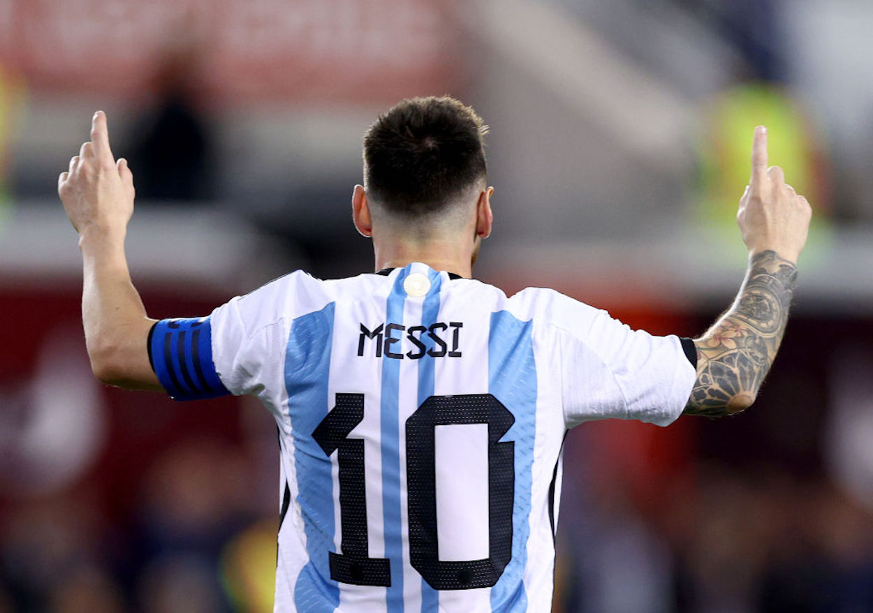 Lionel Messi celebrates scoring a goal for Argentina.