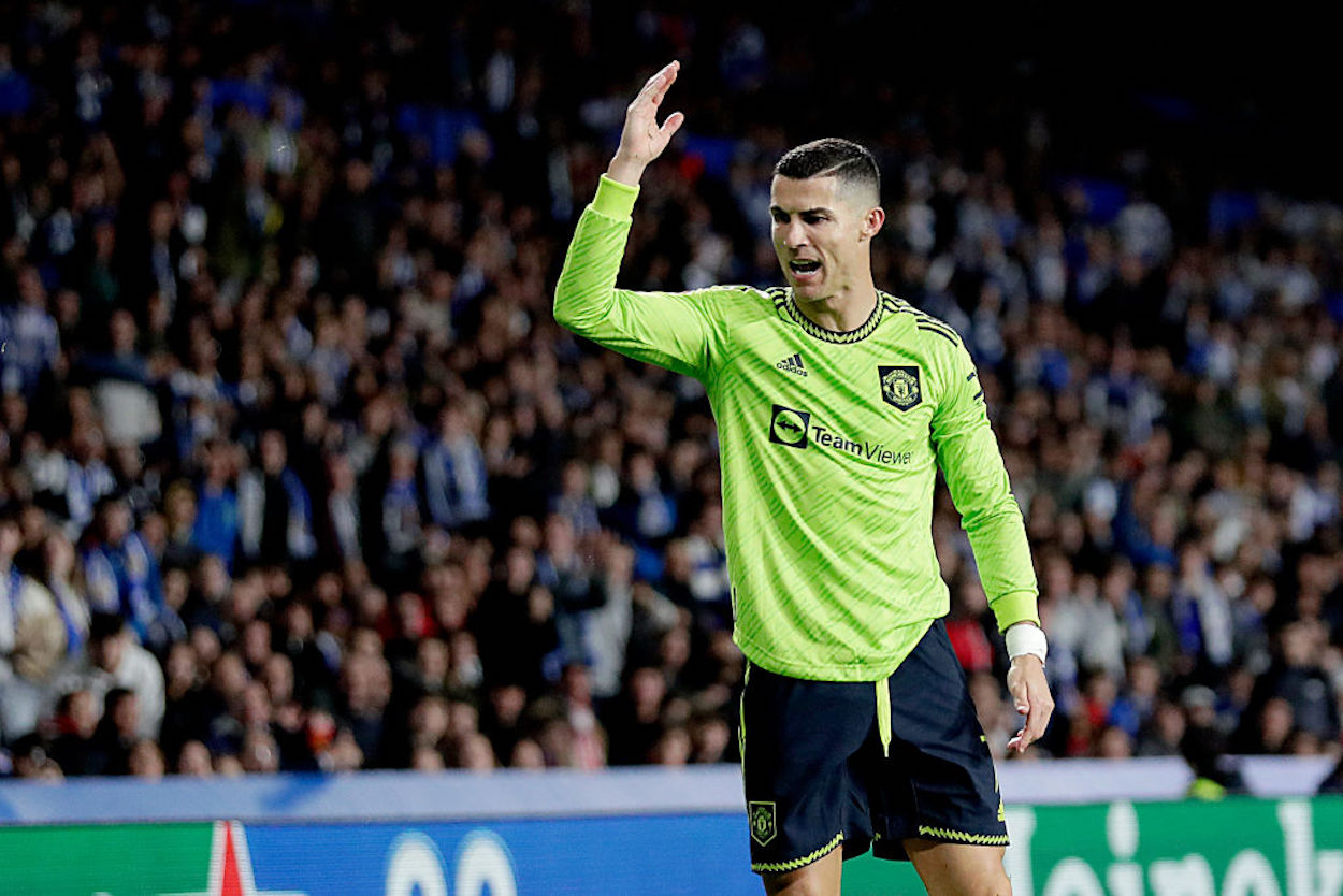 Christiano Ronaldo reacts angrily during a Manchester United game.