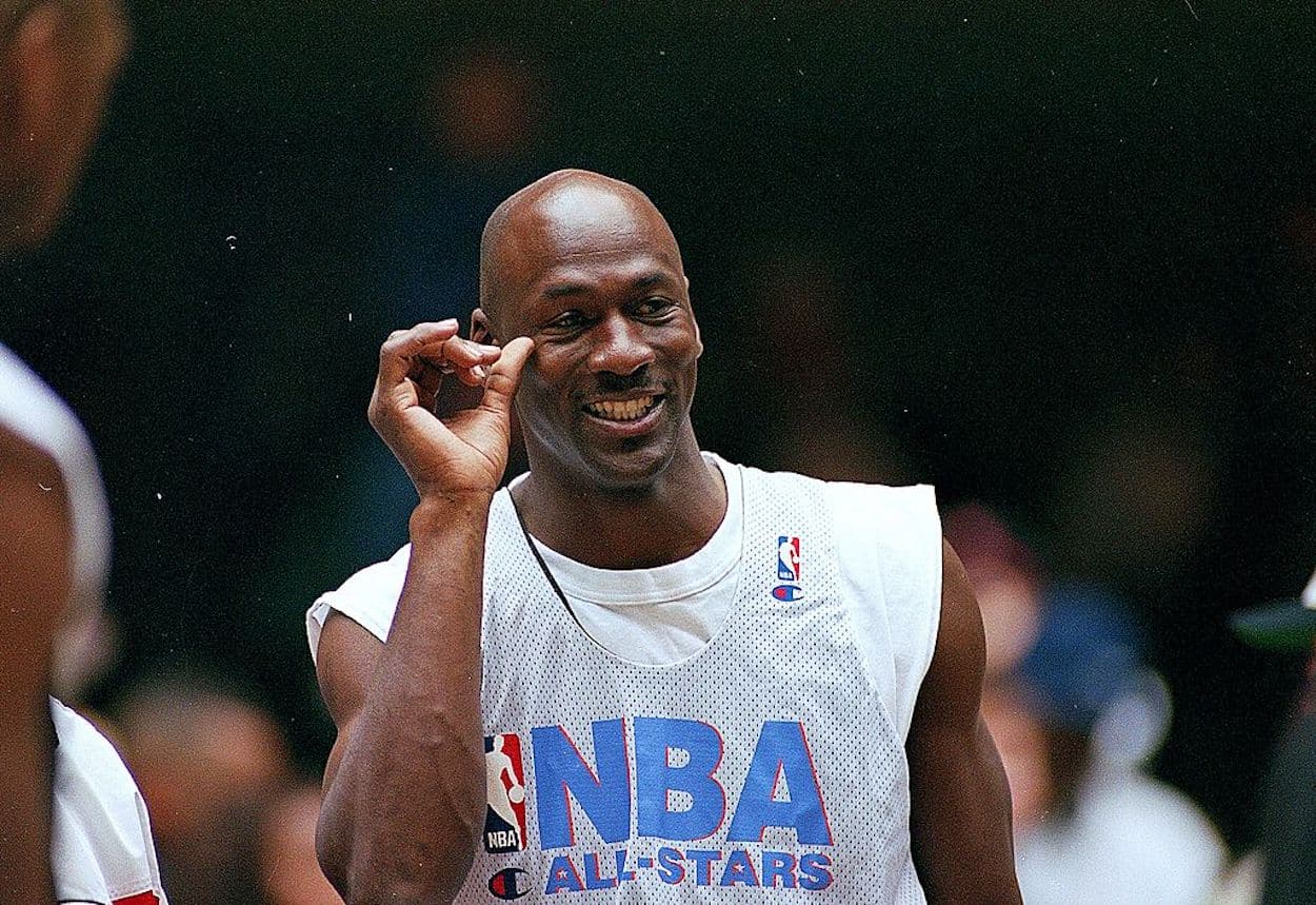 Michael Jordan gestures during a 1997 practice.