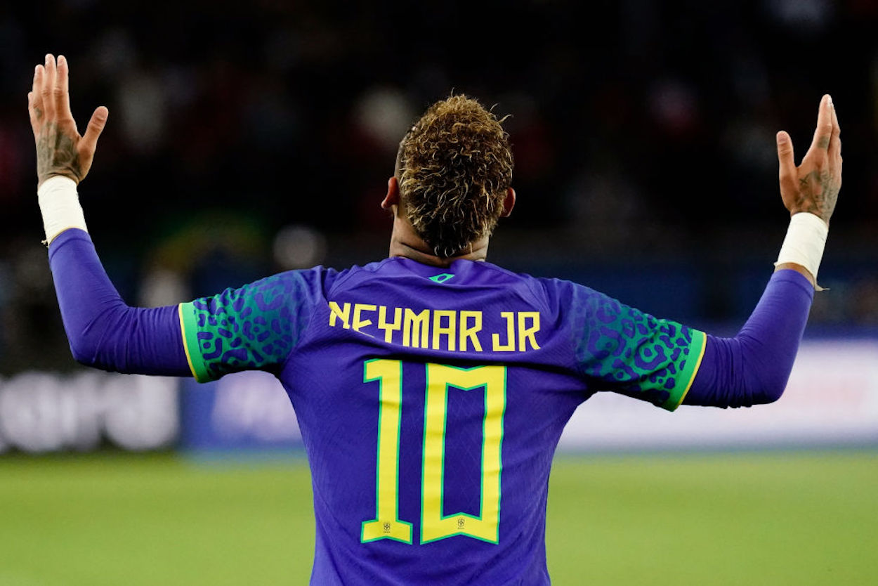 Neymar celebrates scoring a goal for Brazil.