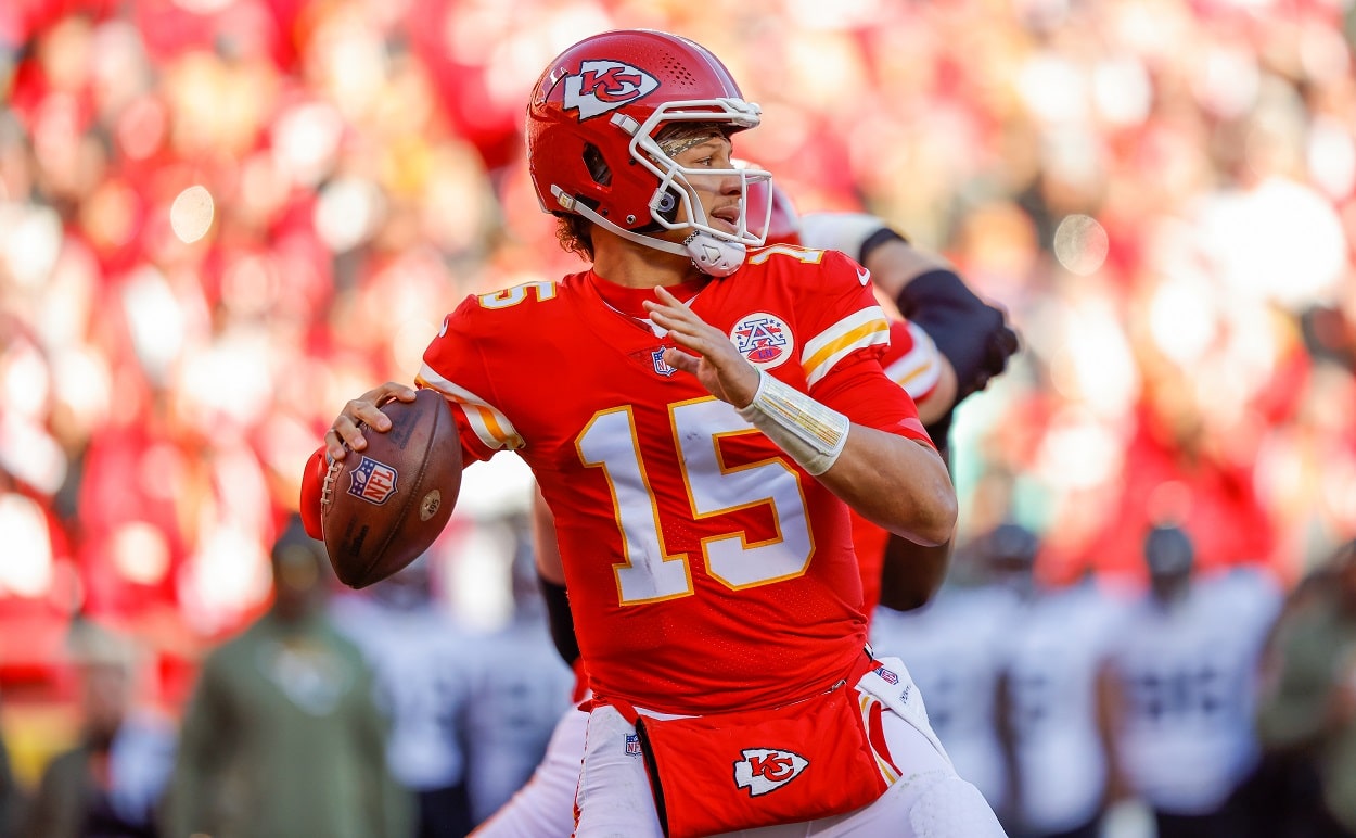 Patrick Mahomes during a Chiefs-Jaguars matchup in November 2022