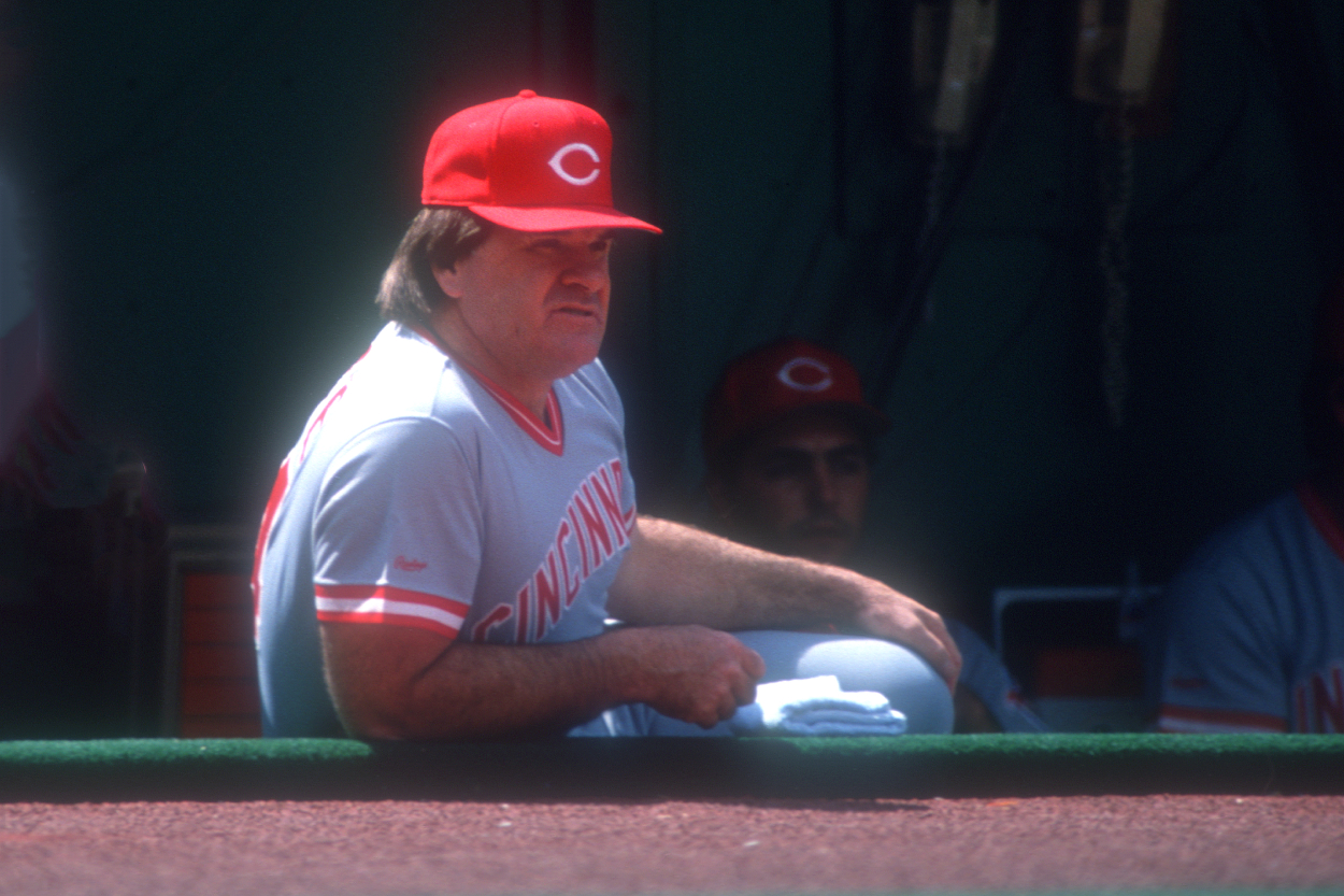 Manager Pete Rose of the Cincinnati Reds looks on during a baseball game.